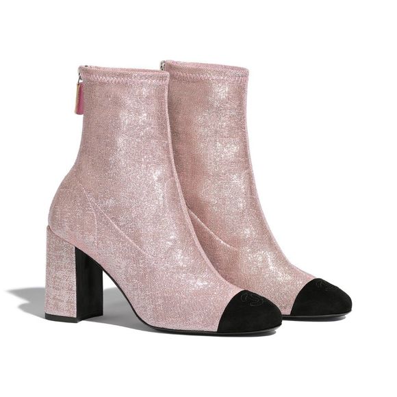 CHANEL Shoes - Chanel Pink glitter shimmer ankle boots w/CC Cap Toe